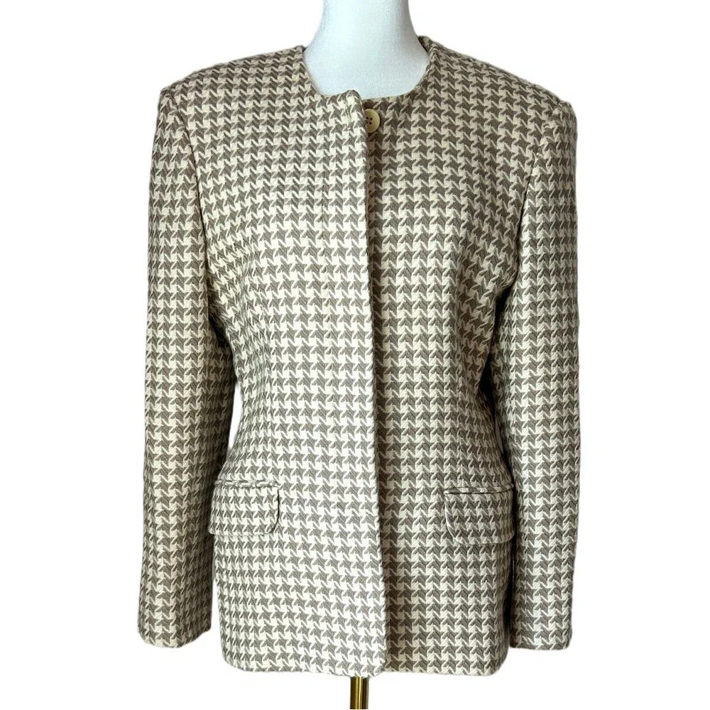 Vintage Prophecy cream taupe houndstooth long sleeve blazer jacket - Picture 1 of 14
